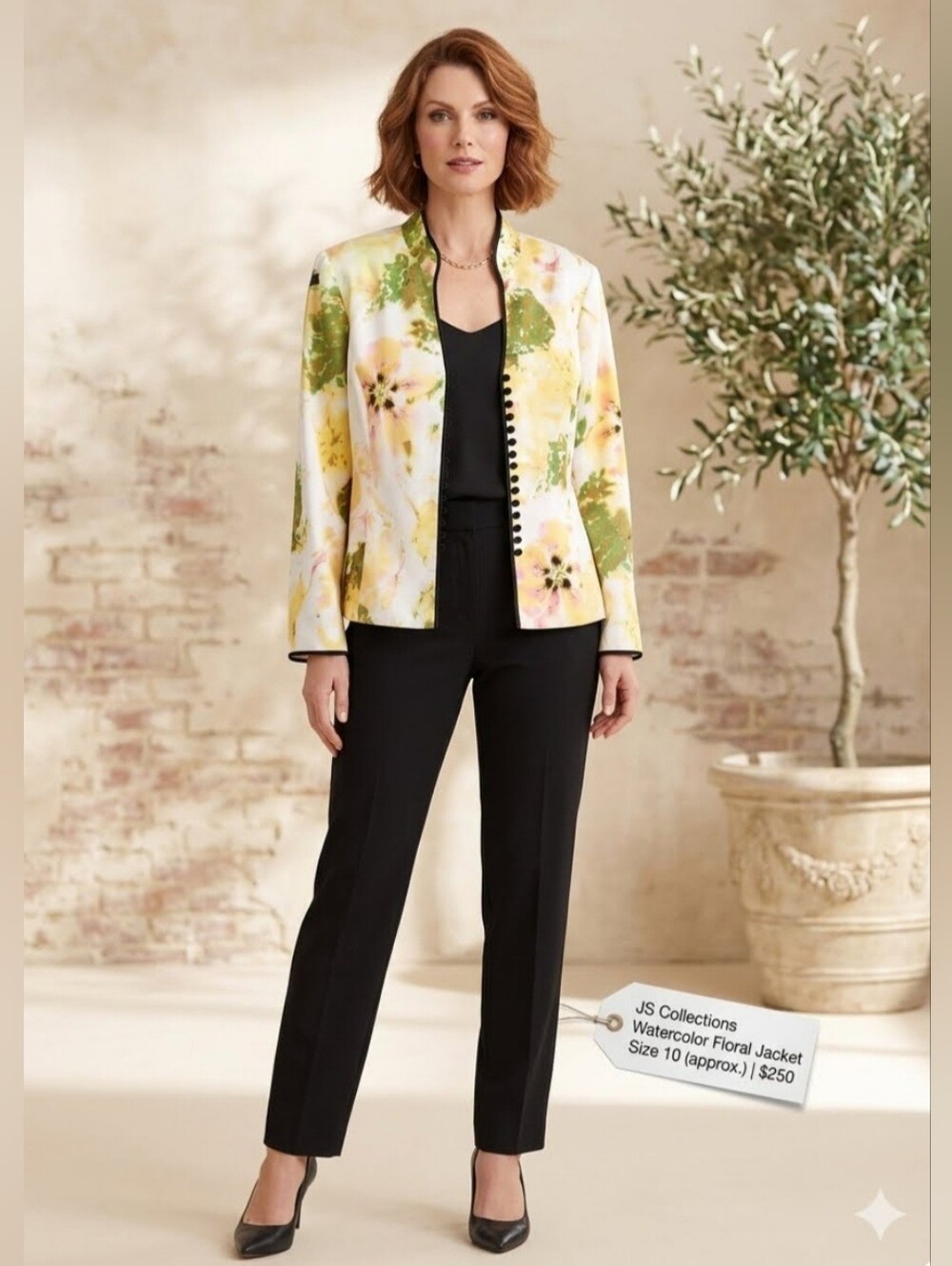JS Collection SILK Jacket, Size 22, Watercolor Floral, Mandarin Neck